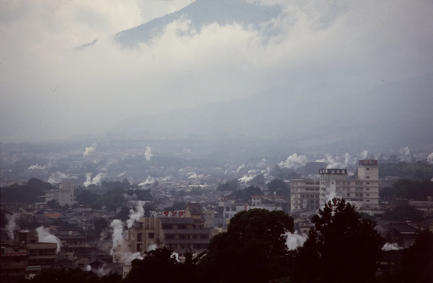 Steam rising over the Beppu onsen town in Kyushu